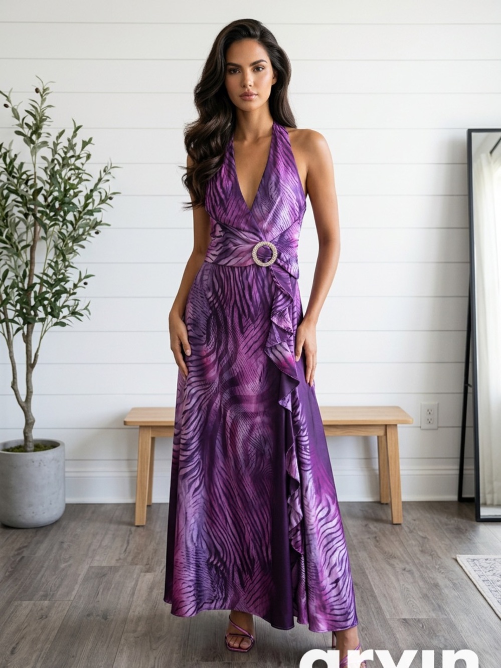 Purple Halter Maxi Dress with Belt Detail